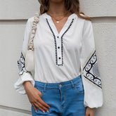 Contrast Half Button Balloon Sleeve Blouse - Shah S. Sahota